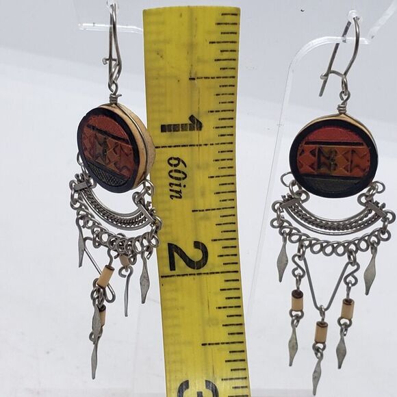 Vintage Earrings Carved Wood & Silver Handmade Boho Long Dangle Drop Ethnic - Picture 5 of 6